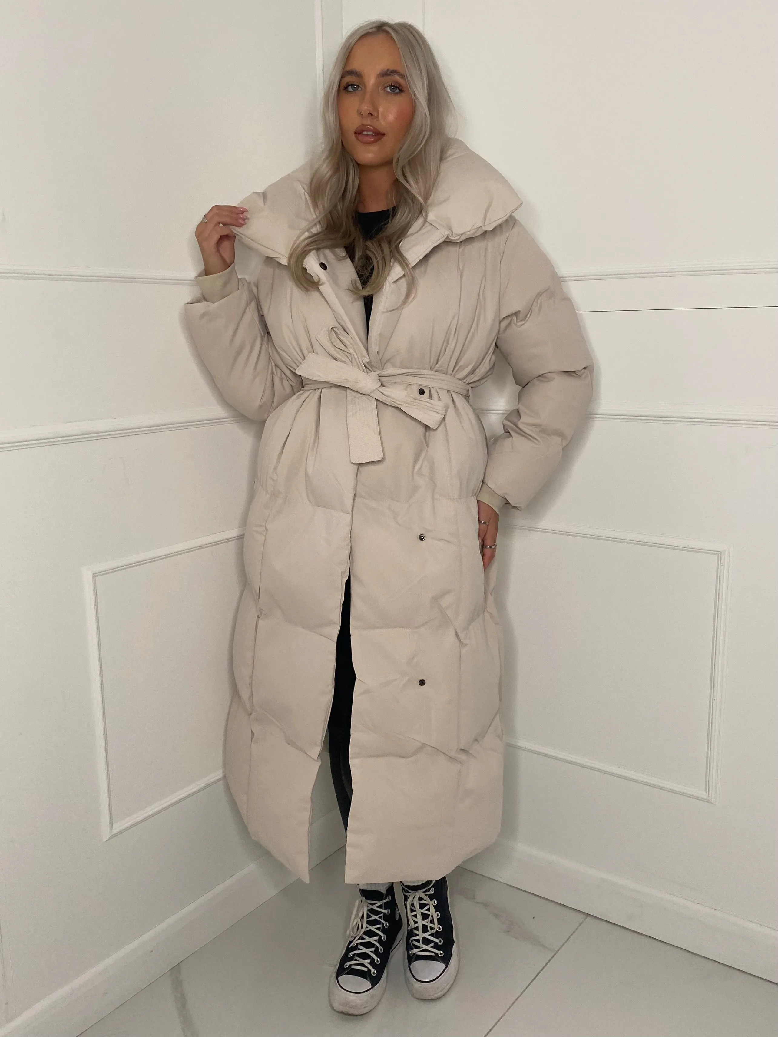 Long Belted Puffer Coat - Cream