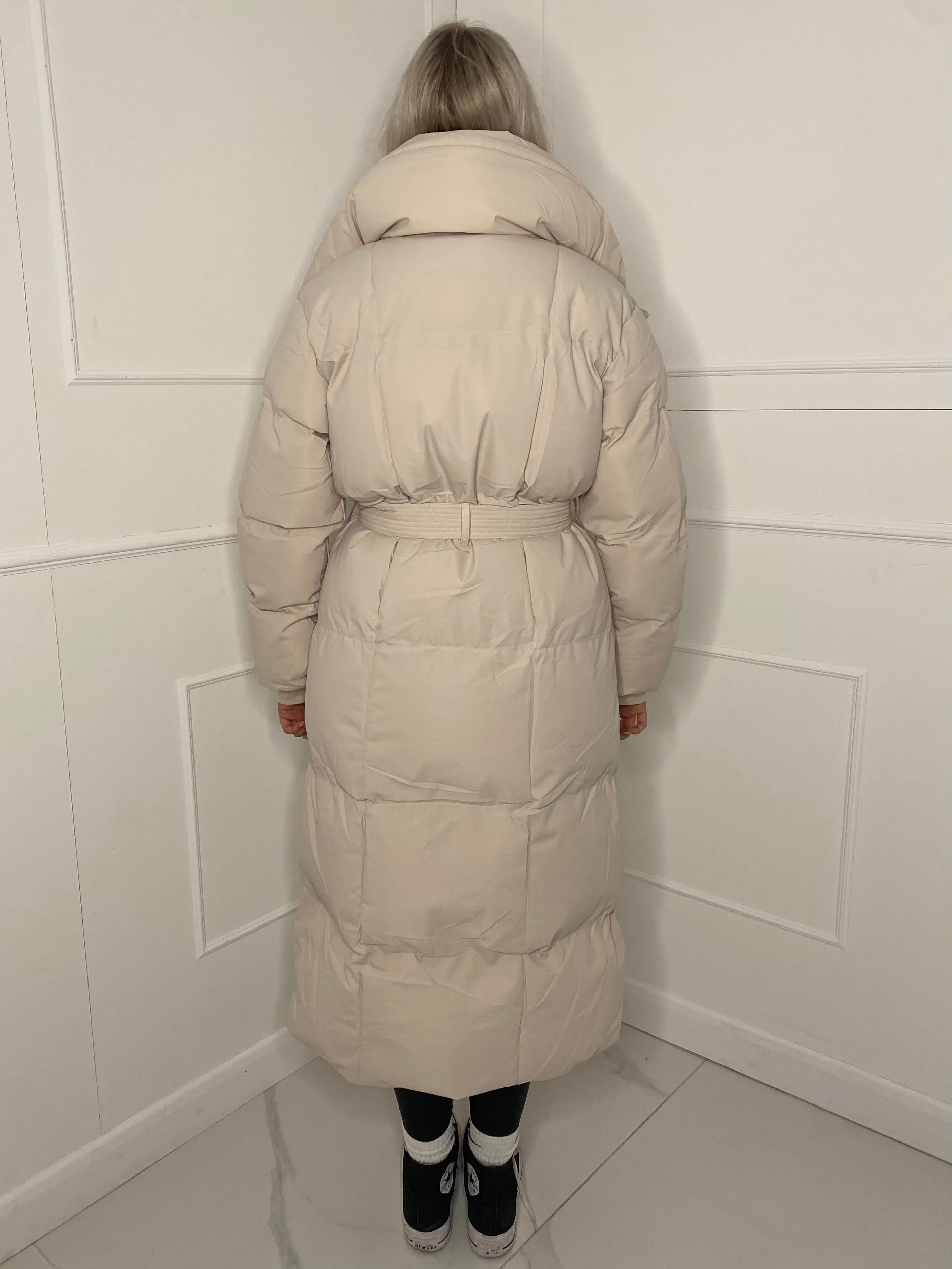 Long Belted Puffer Coat - Cream