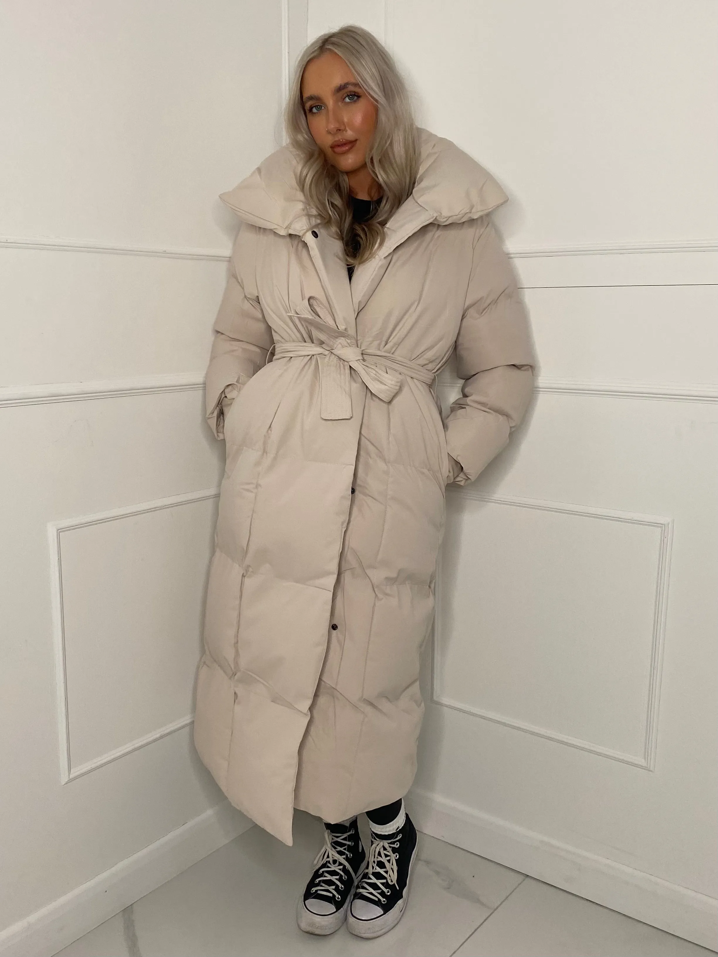 Long Belted Puffer Coat - Cream