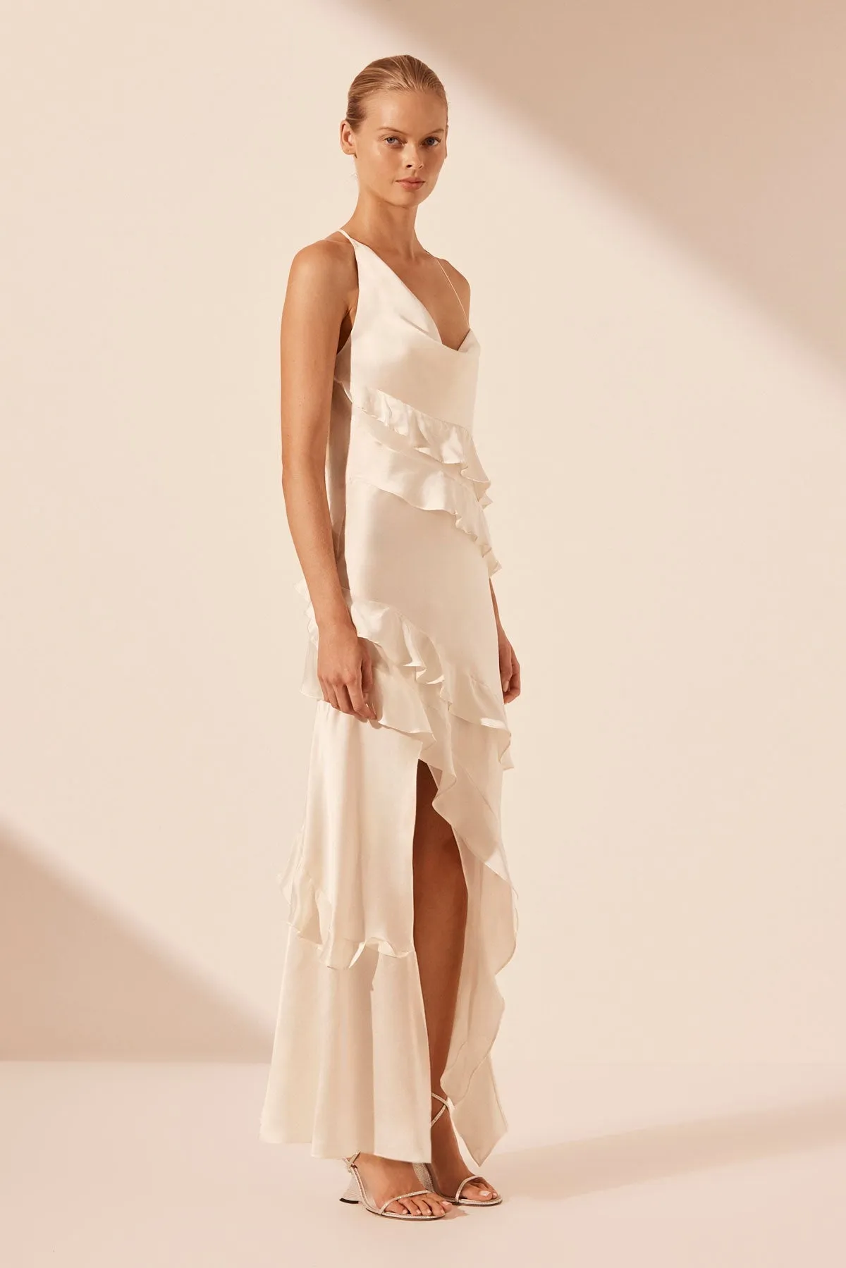 LOUELLA SILK ASYMMETRICAL RUFFLE MAXI DRESS - IVORY