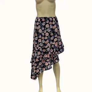 Lulus Boundless Beauty Black Floral Print Asymmetrical Midi Skirt, Size Medium