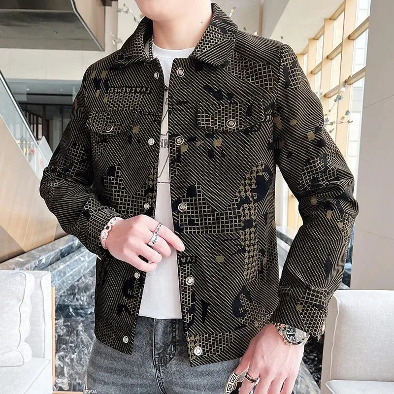 Luxury Plaid Elegance: Business Casual Slim Lapel Bomber Jacket for Men's Fashionable Streetwear Wardrobe