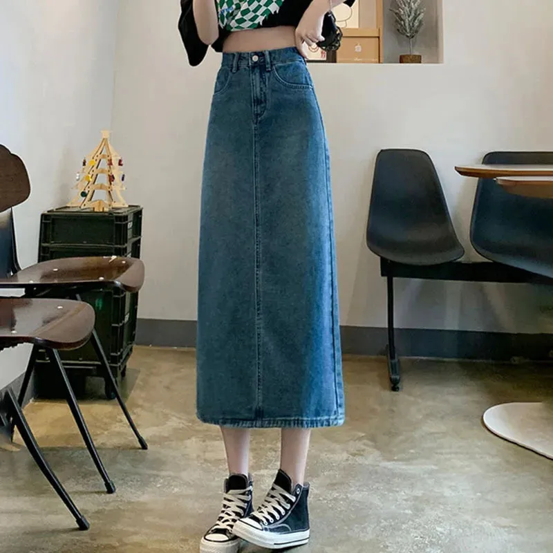 LVSANW Autumn and winter women's long skirt high waist thin A-line skirt 2024 new denim skirt split half skirt simple skirt