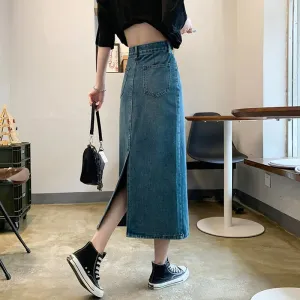 LVSANW Autumn and winter women's long skirt high waist thin A-line skirt 2024 new denim skirt split half skirt simple skirt