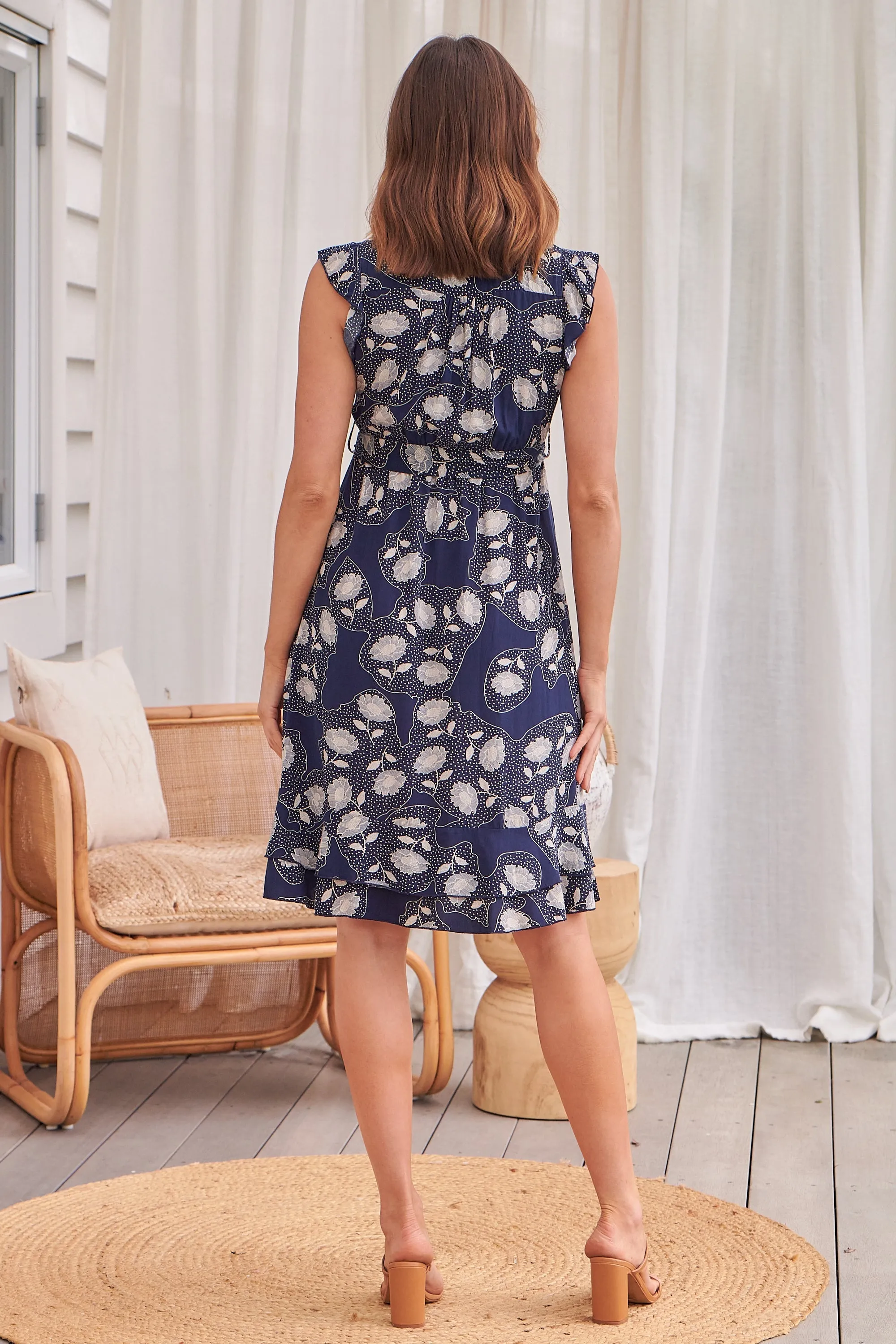 Maggie Navy/Tan Bold Floral Midi Dress