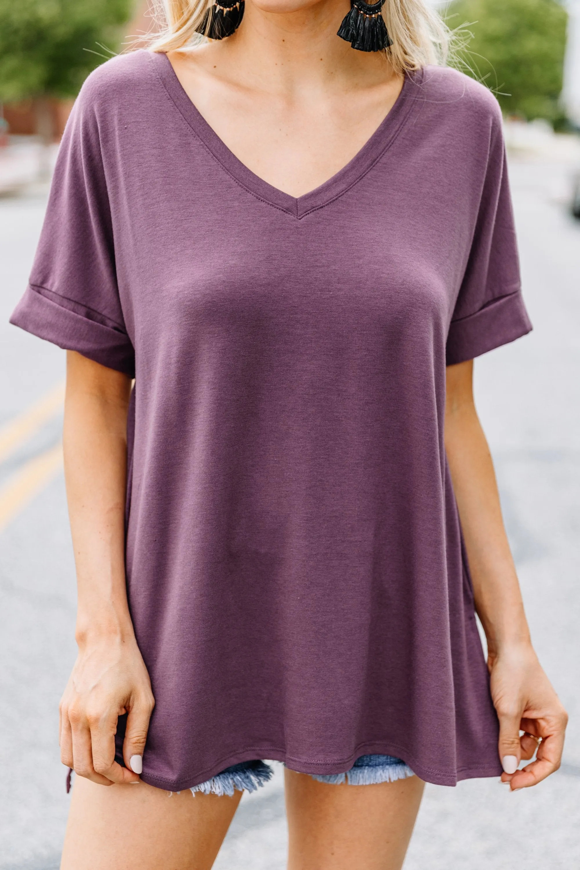 Make Your Life Easy Eggplant Purple V-neck Top