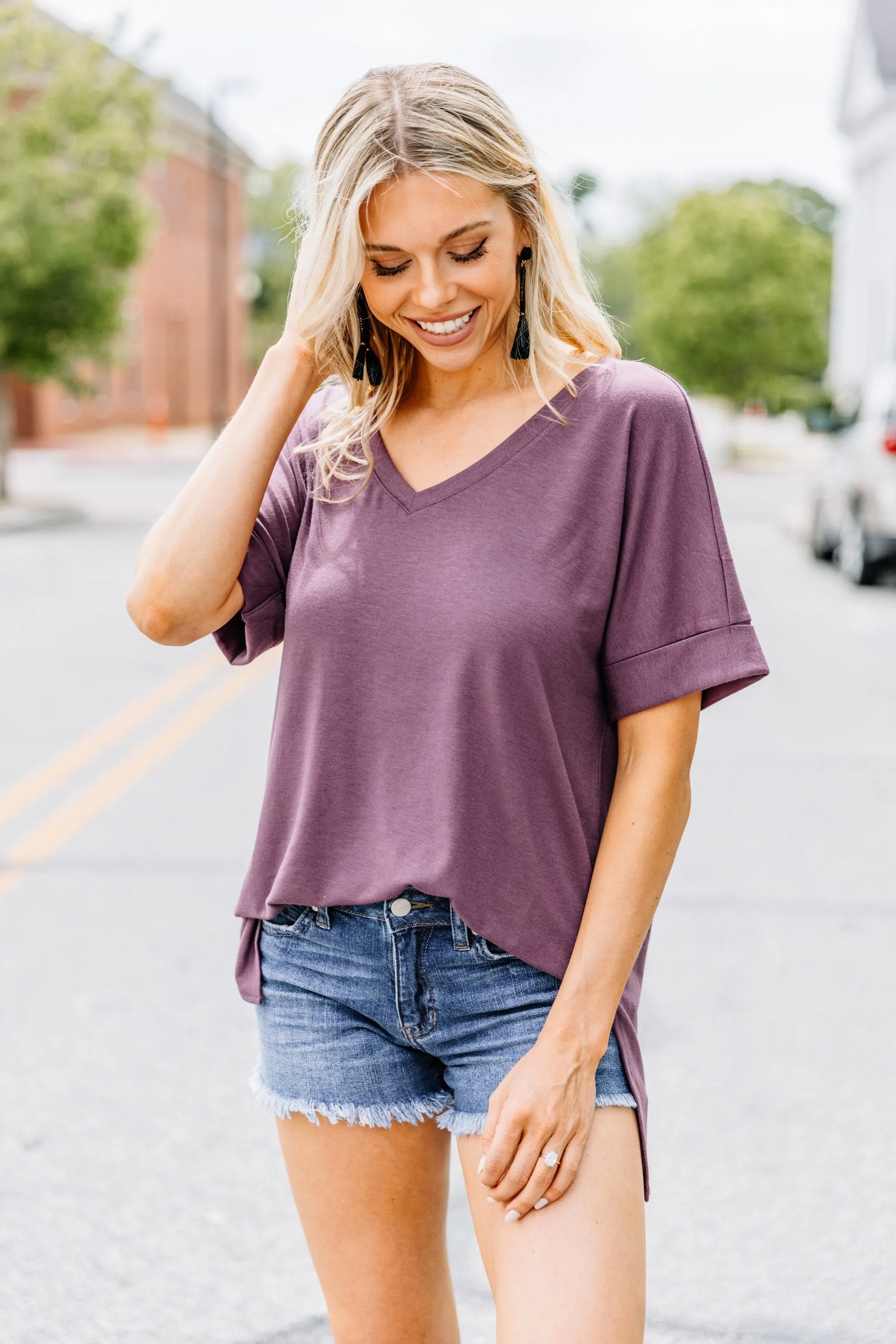 Make Your Life Easy Eggplant Purple V-neck Top