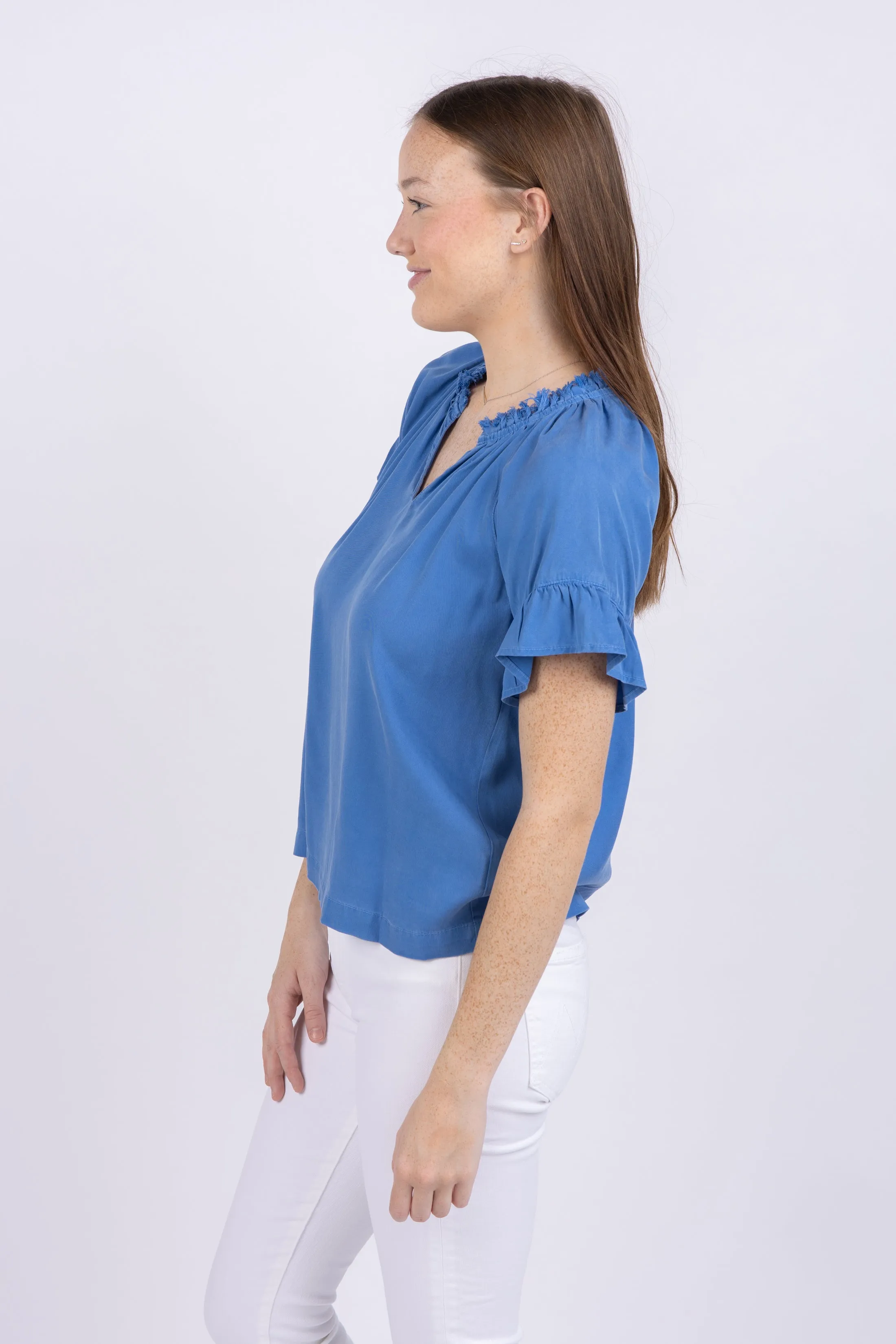 Maven West Ruffle Short Sleeve Top in Star Blue