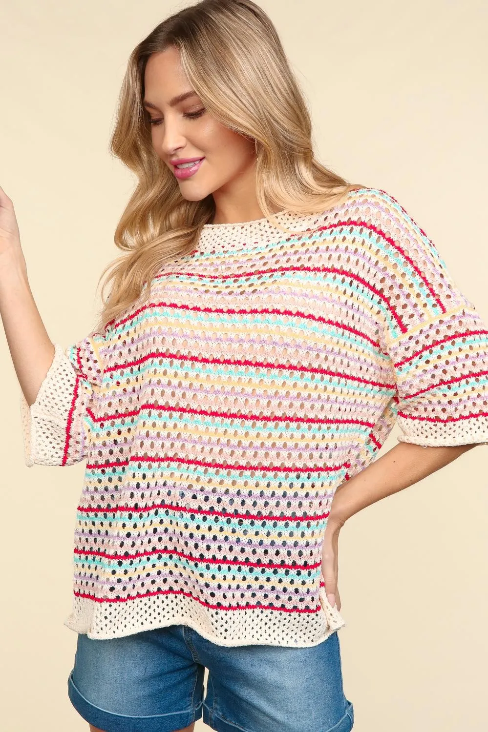 Multi Stripe Crochet Sweater Top - Rainbow