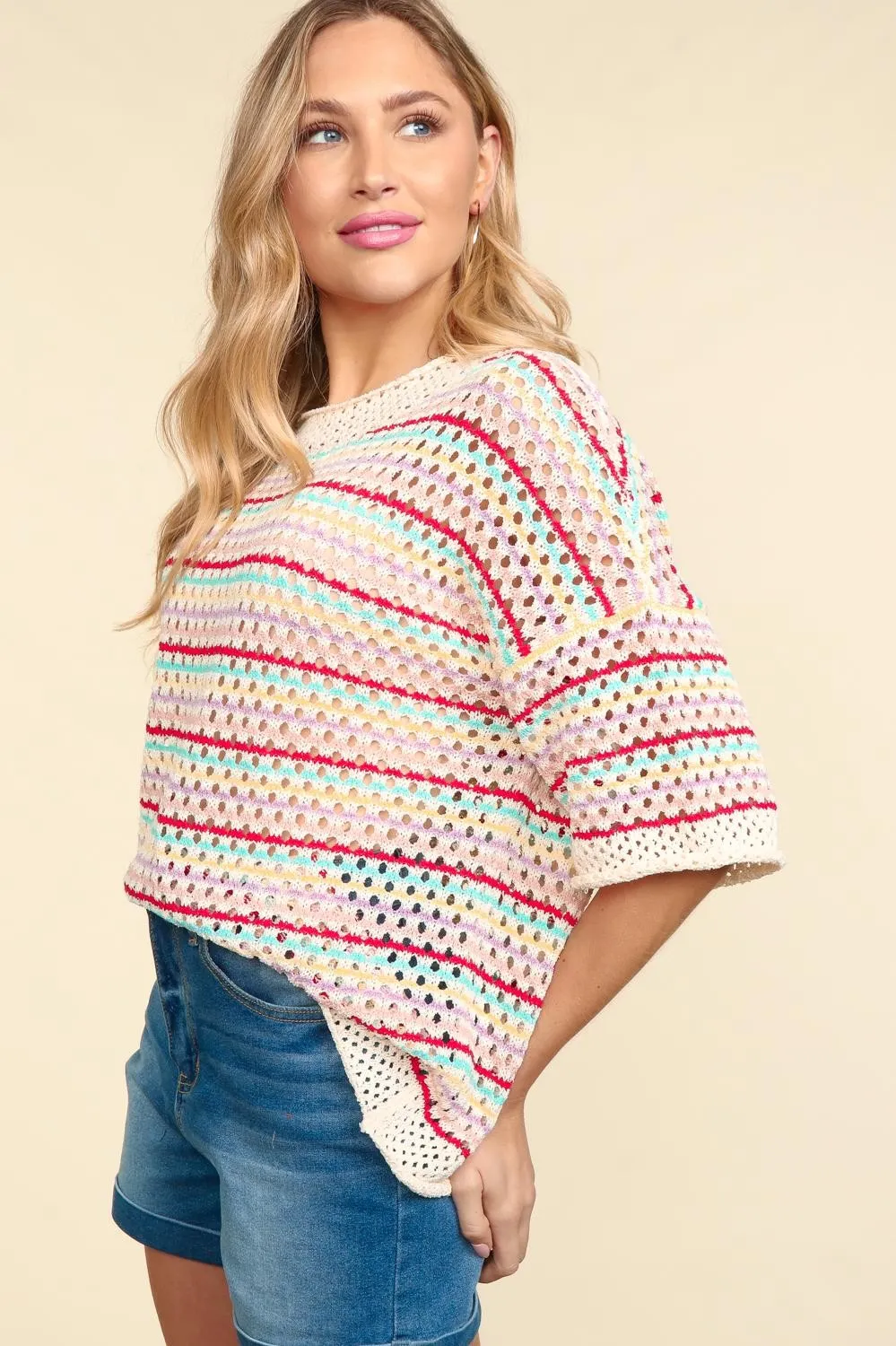 Multi Stripe Crochet Sweater Top - Rainbow