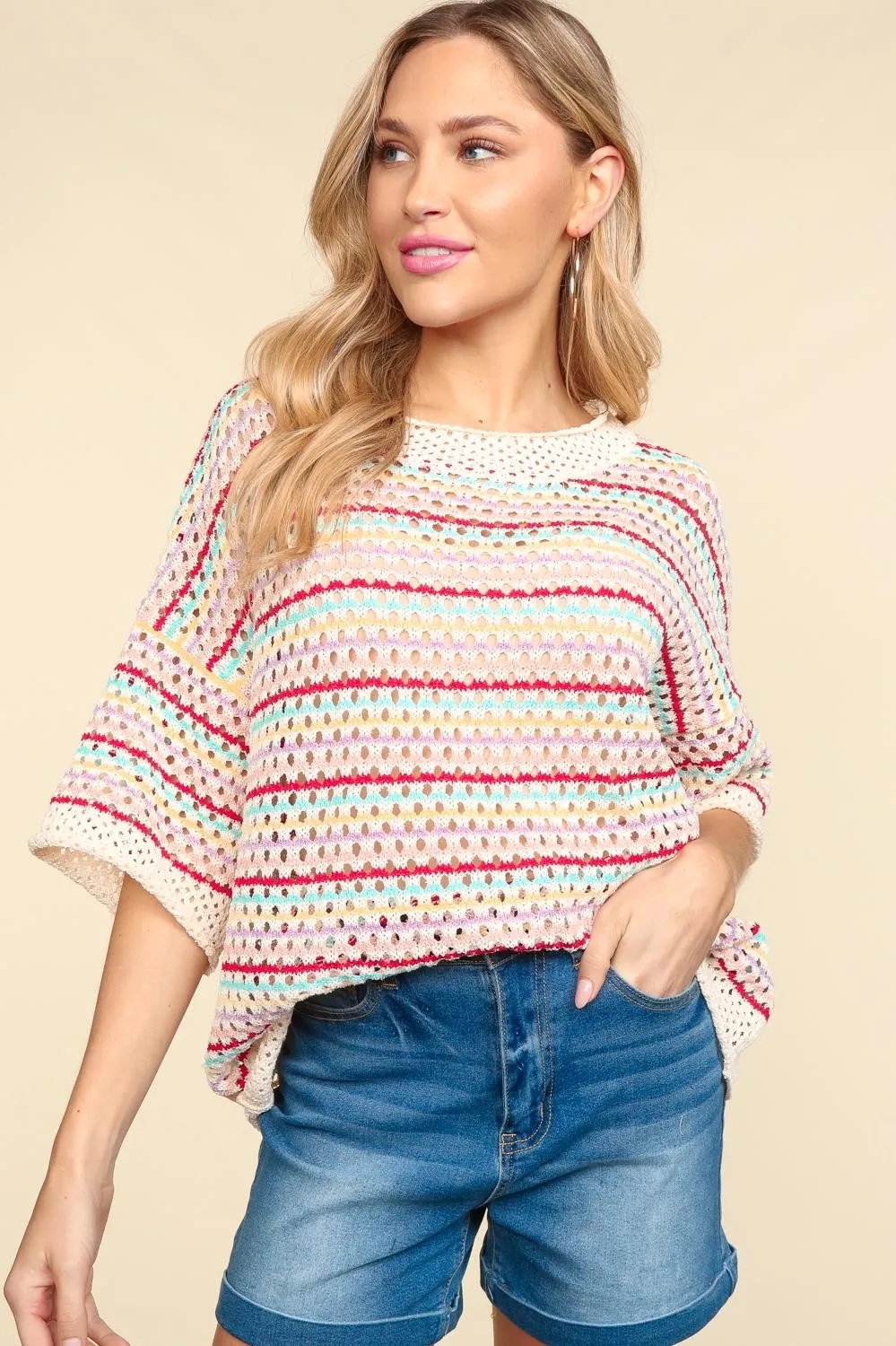 Multi Stripe Crochet Sweater Top - Rainbow