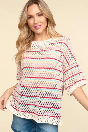 Multi Stripe Crochet Sweater Top - Rainbow