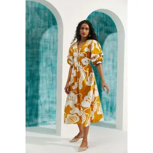 Mustard Bold Print Puff Sleeve Cotton Midi Shirt Dress