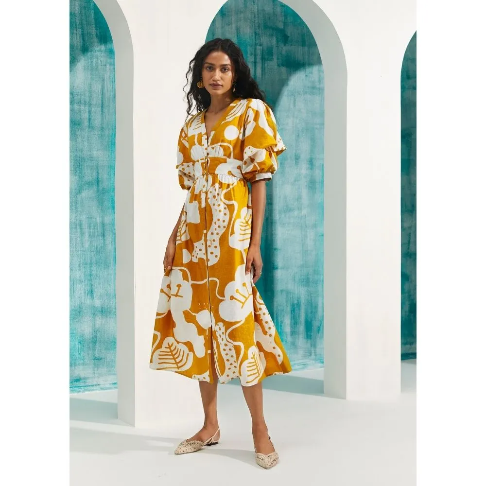 Mustard Bold Print Puff Sleeve Cotton Midi Shirt Dress