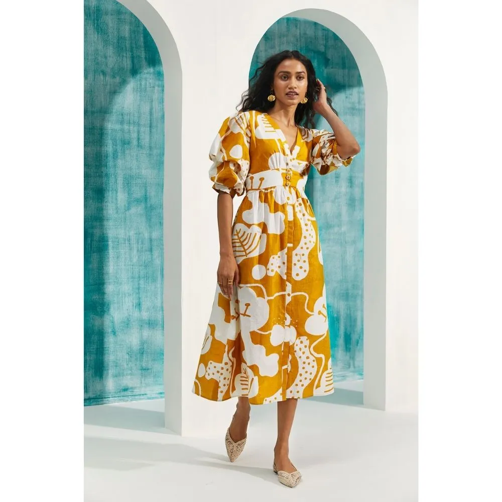 Mustard Bold Print Puff Sleeve Cotton Midi Shirt Dress