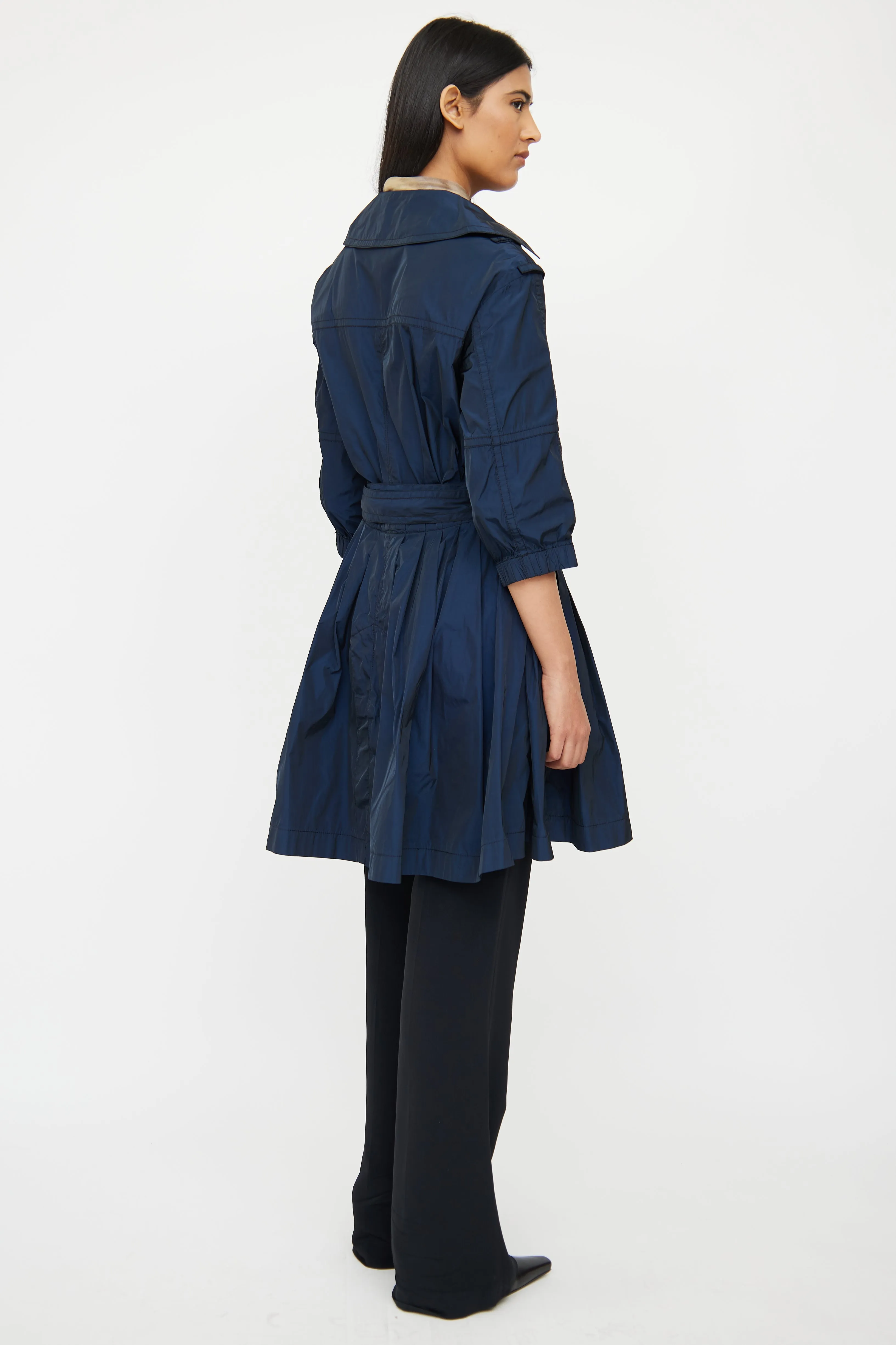 Navy & Black Silk Blend Peplum Trench Coat