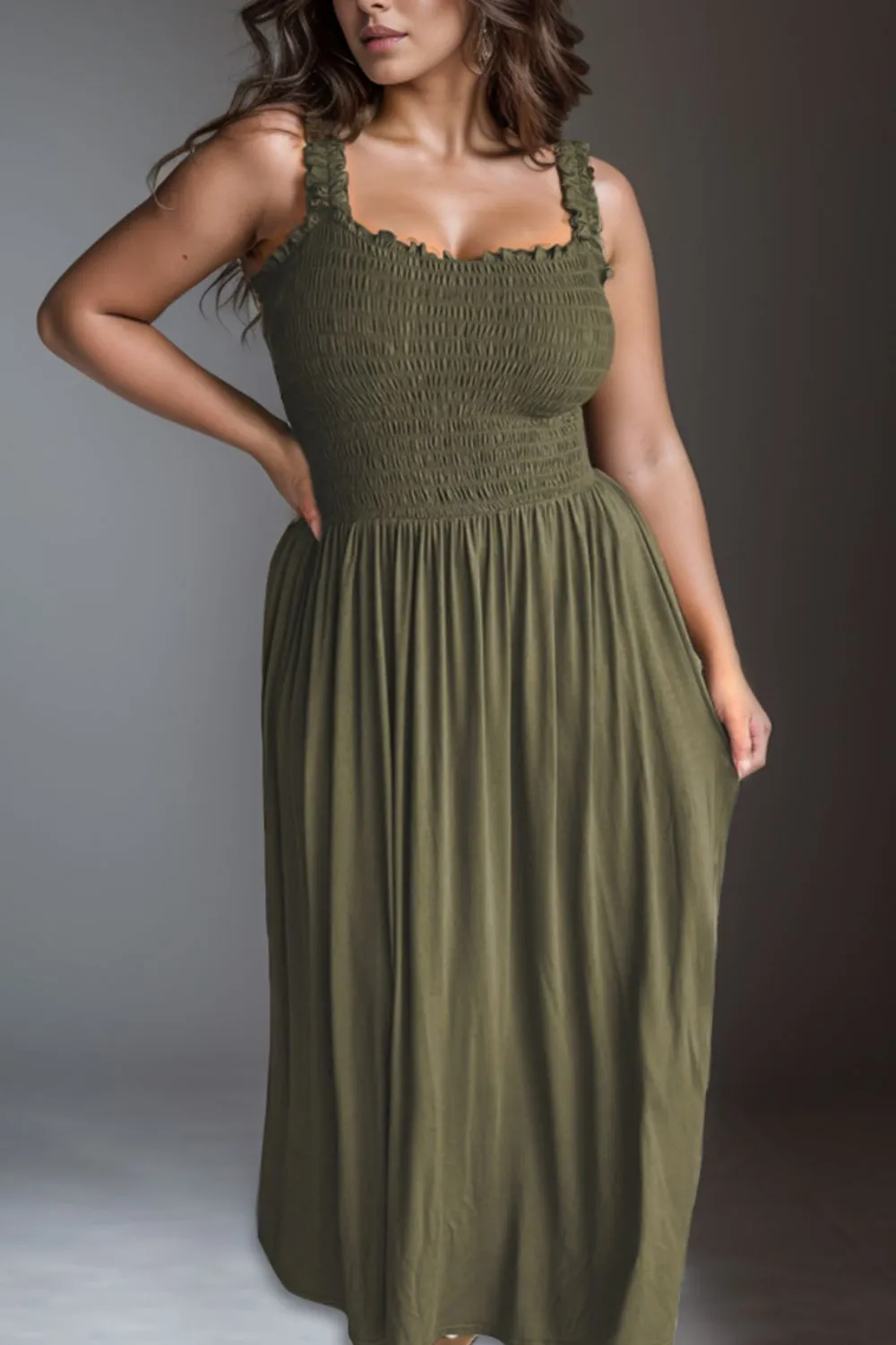 Olive Green Plus Size Dress Women's Casual Smocked Square Neck Short Sleeve Maxi Dress