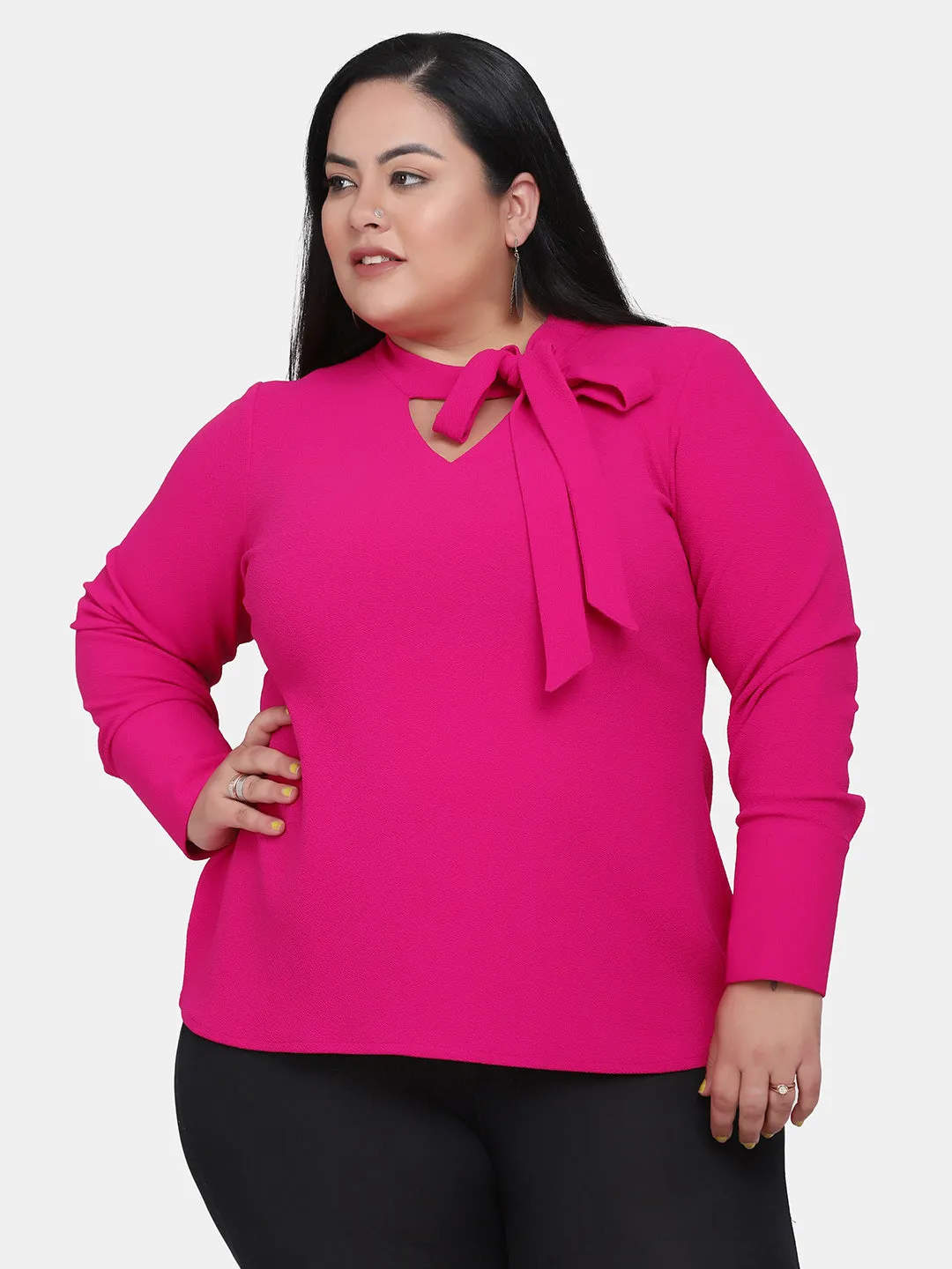 Plus Size Ladies Office Cut Out V-Neck Stretch Top - Hot Pink