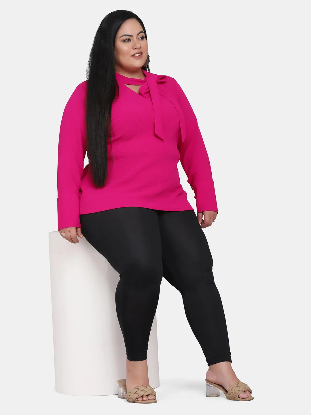 Plus Size Ladies Office Cut Out V-Neck Stretch Top - Hot Pink