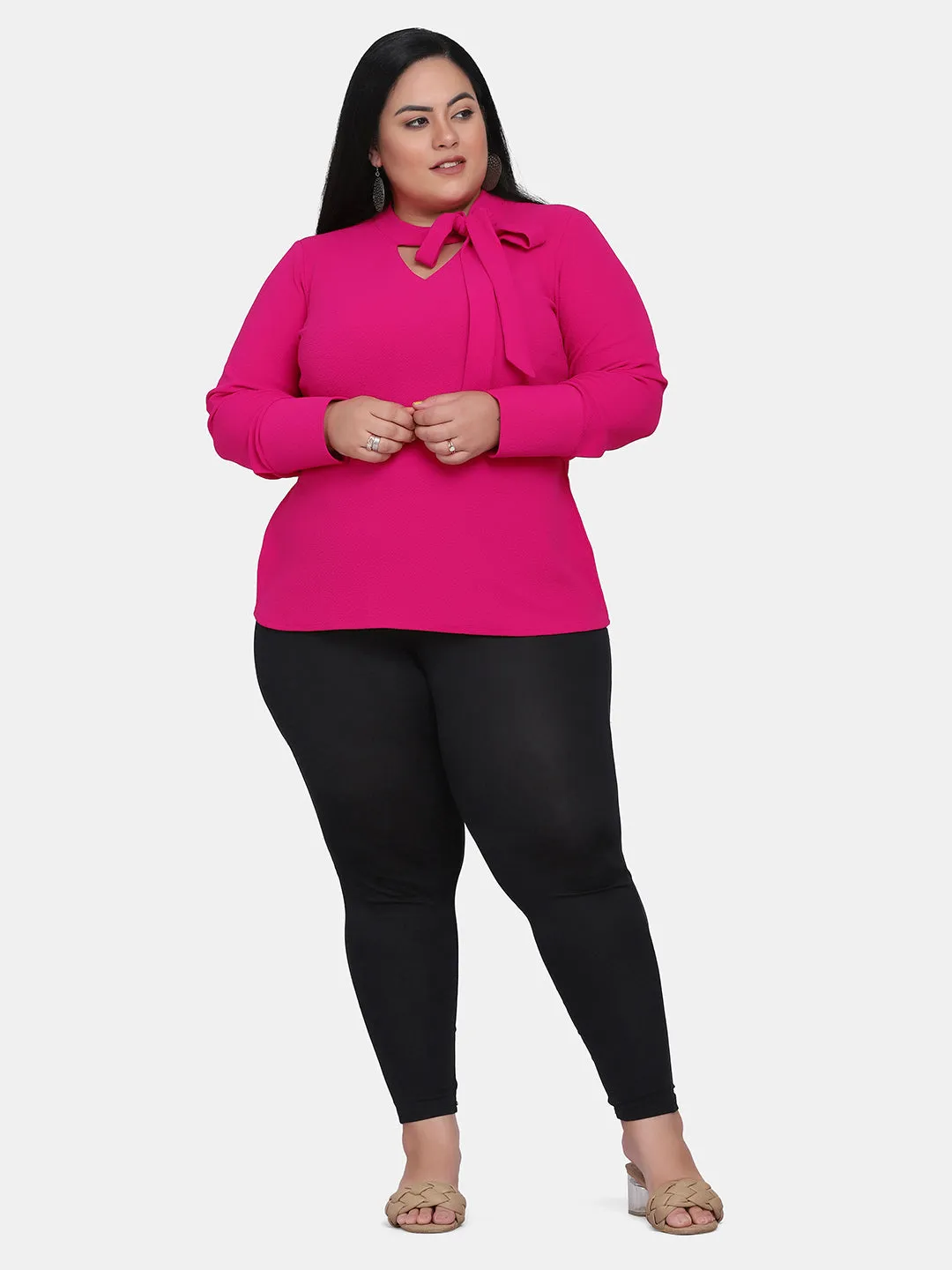 Plus Size Ladies Office Cut Out V-Neck Stretch Top - Hot Pink