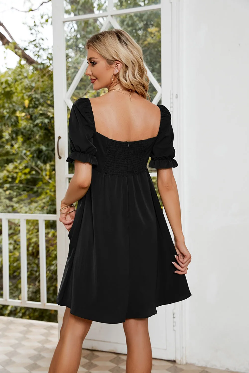 Ruched Square Neck Flounce Sleeve Mini Dress