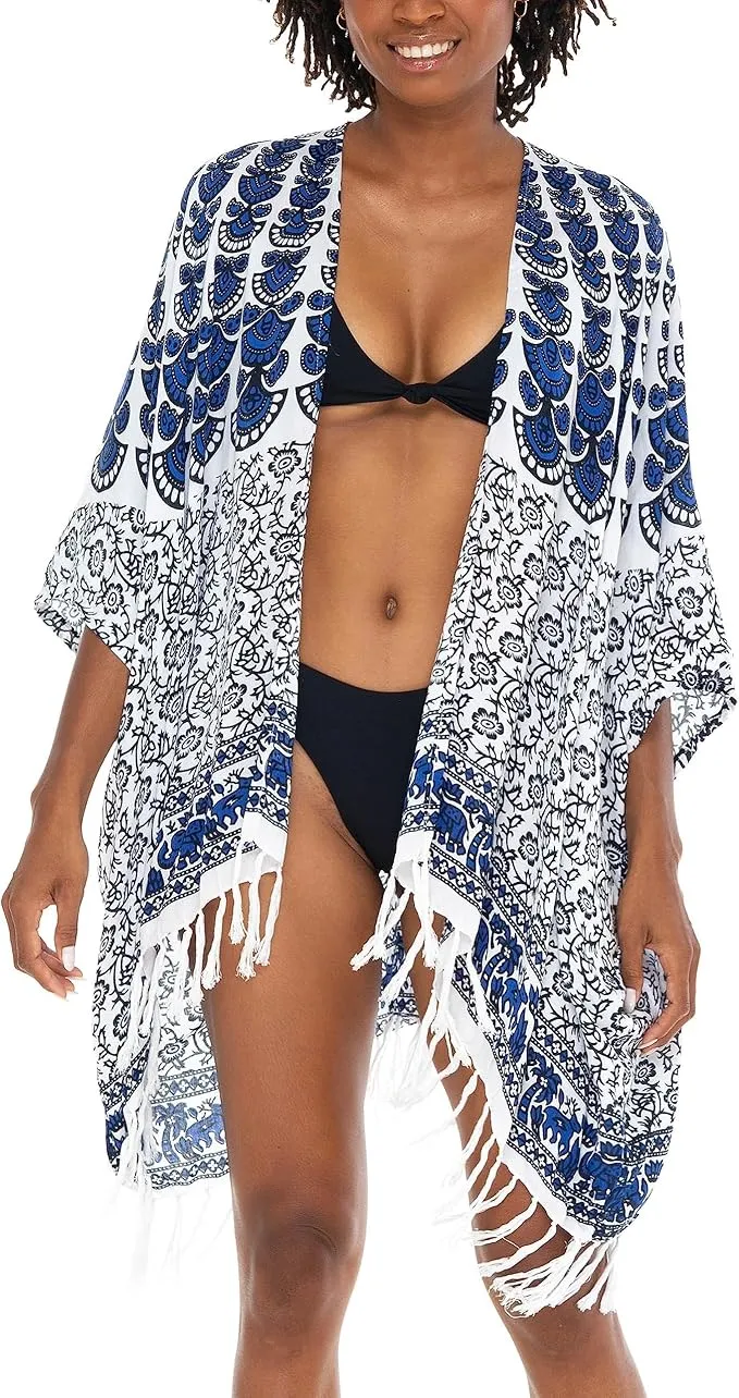 SHU-SHI Kimono Cardigans for Women - Short Beach Robe Boho Fringe Peacock Mandala