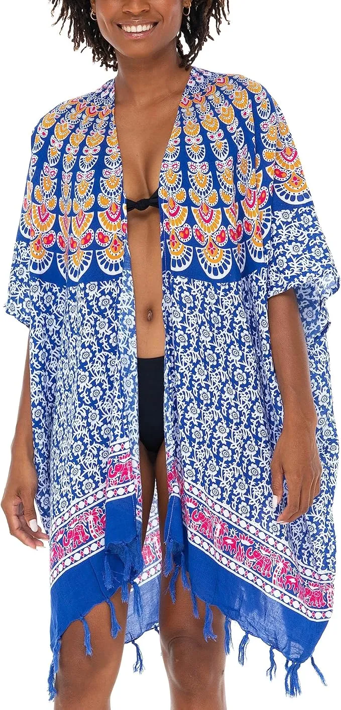 SHU-SHI Kimono Cardigans for Women - Short Beach Robe Boho Fringe Peacock Mandala