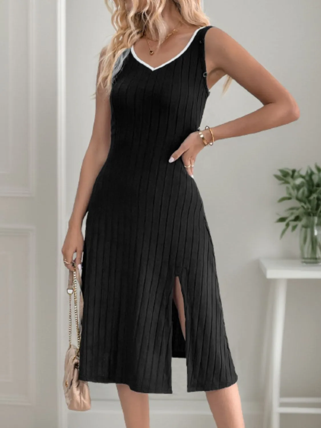 Slit Wide Strap Dress and Detachable Long Sleeves Set