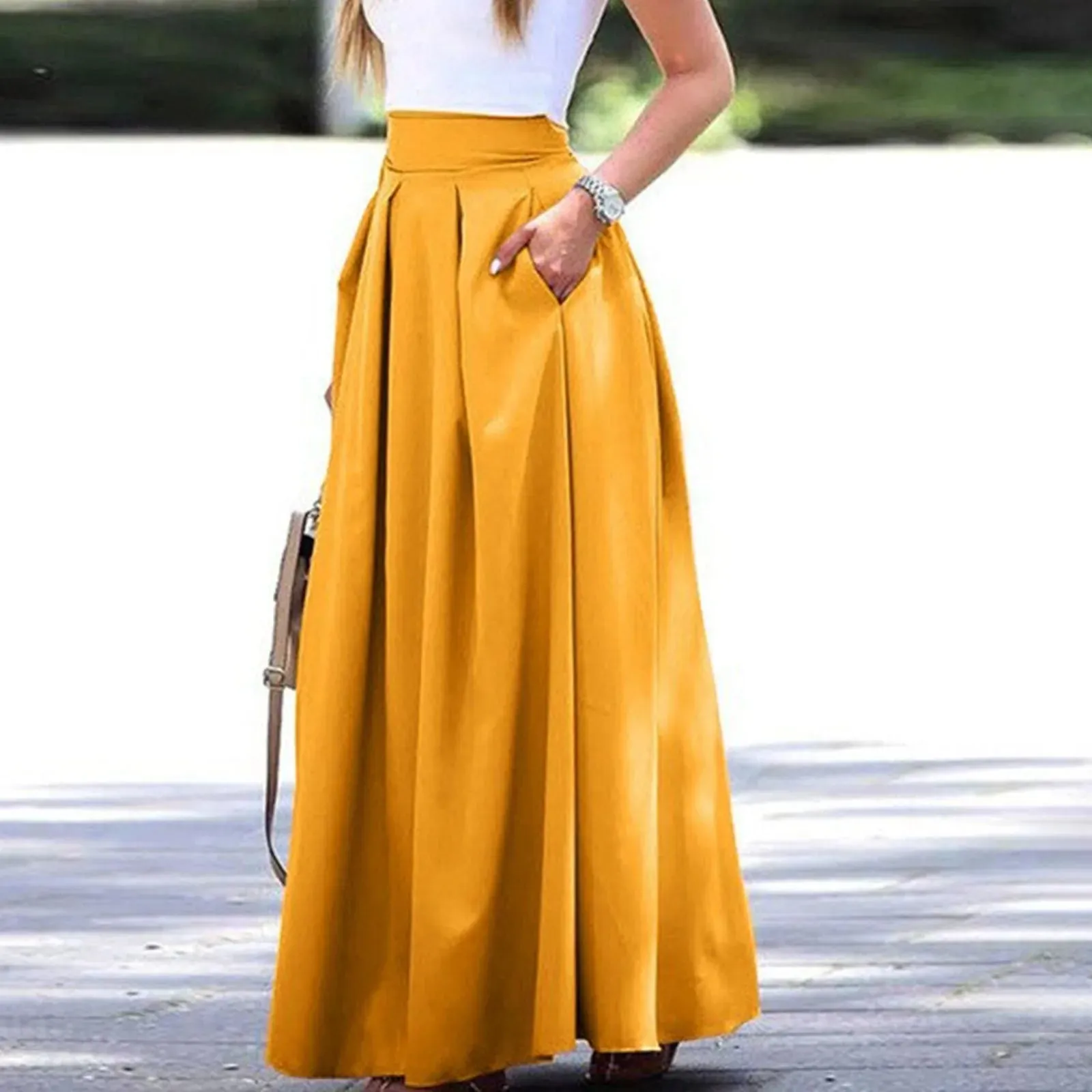 Spring New Ankle Length High Waist A-line Pockets Solid Color Pleated Office Lady Maxi 2024 Skirt