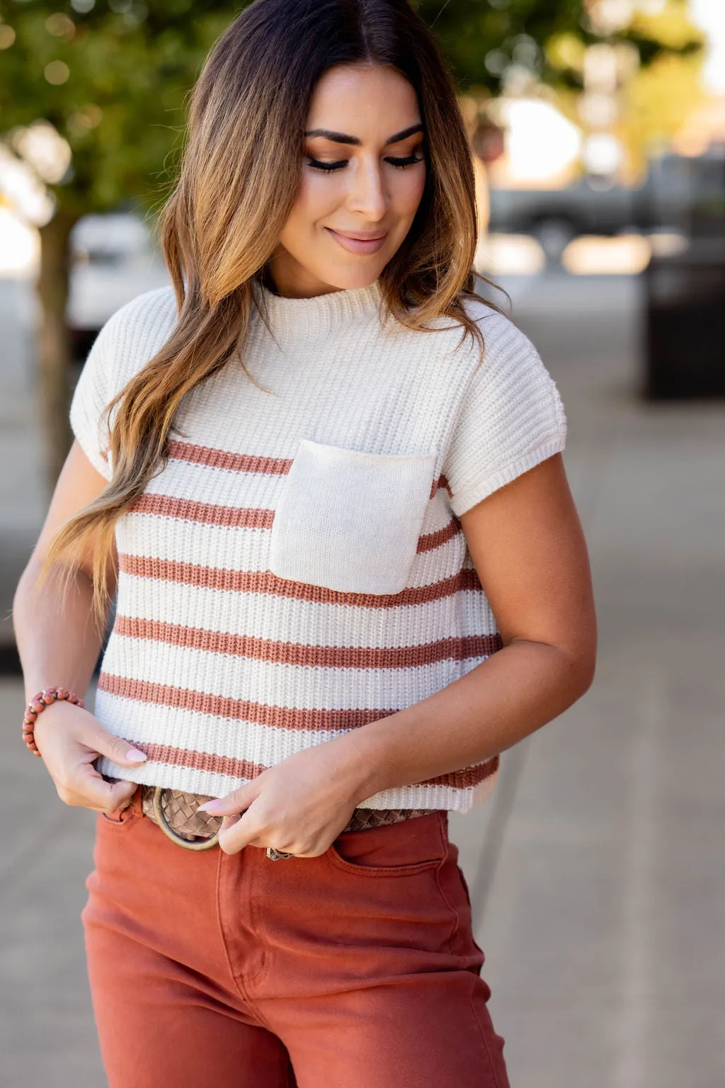 Striped Pocket Accented Short Sleeve Sweater