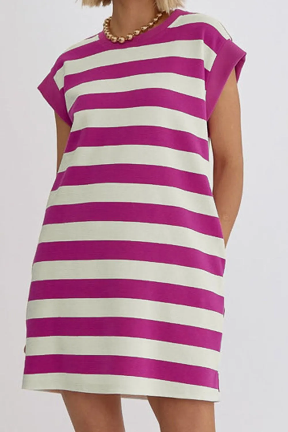 Striped Round Neck Cap Sleeve Dress