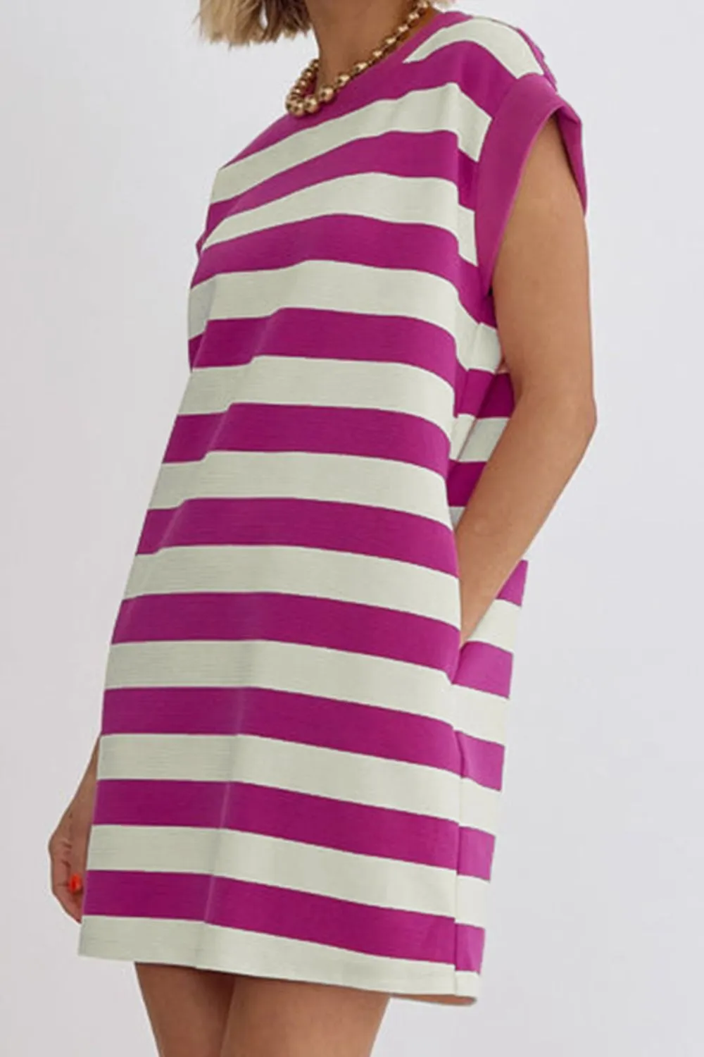 Striped Round Neck Cap Sleeve Dress