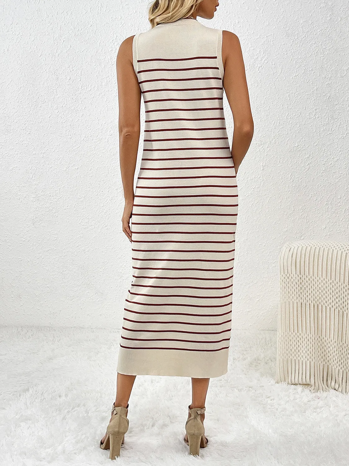 Striped Sleeveless Maxi Dress Women's Casual Round Neck Short Sleeve Midi Knit Dress