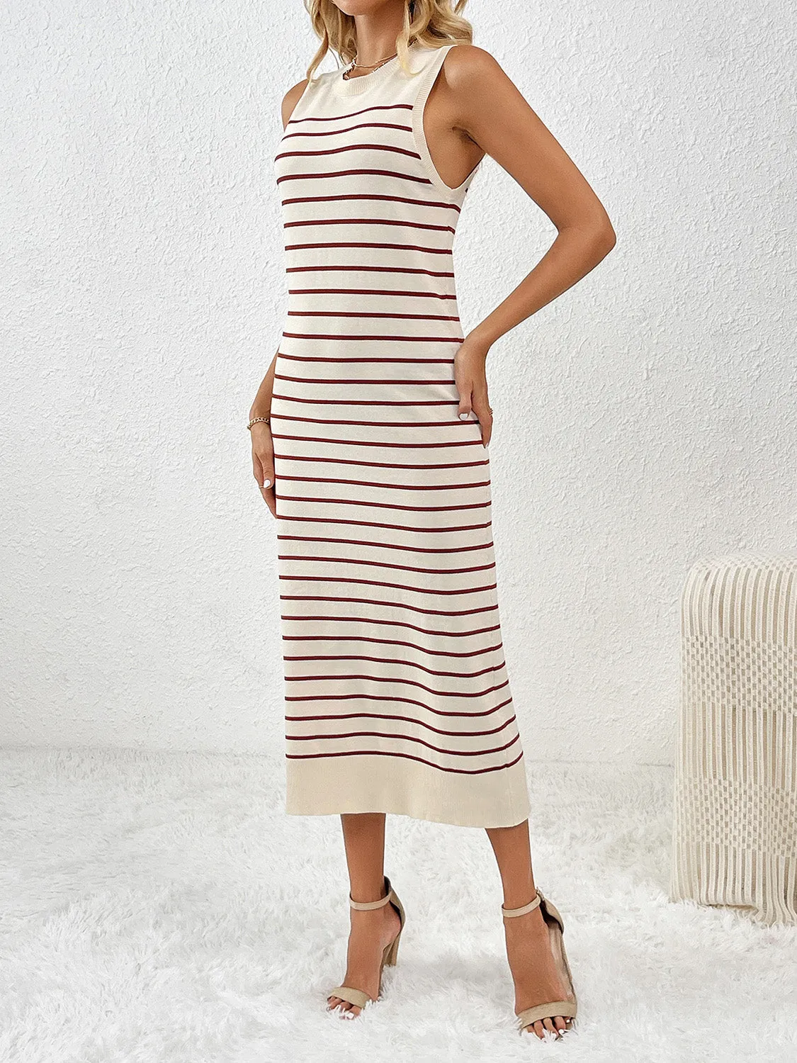 Striped Sleeveless Maxi Dress Women's Casual Round Neck Short Sleeve Midi Knit Dress