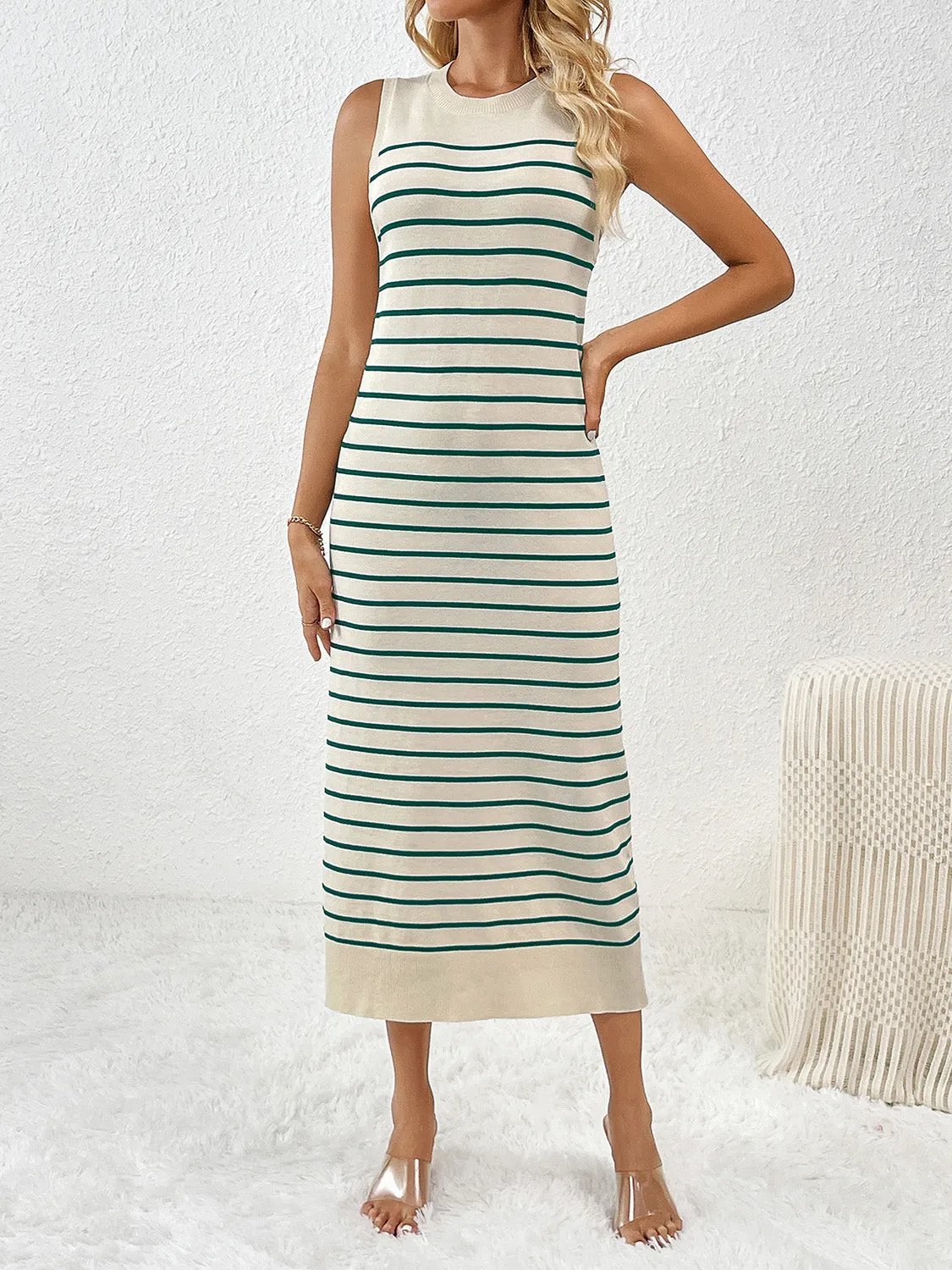 Striped Sleeveless Maxi Dress Women's Casual Round Neck Short Sleeve Midi Knit Dress