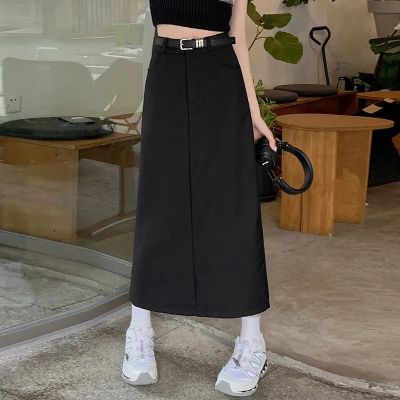 Summer Black Solid Color Women's Suit Skirts Fashion Casual Office Ladies Grey High Waist Split Straight Female Skirts