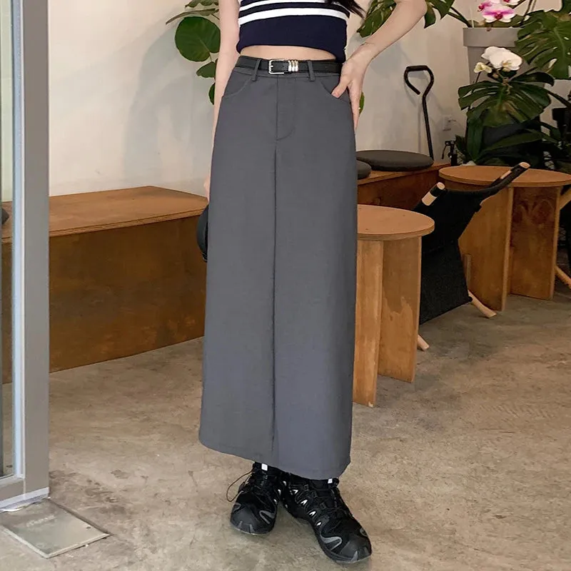 Summer Black Solid Color Women's Suit Skirts Fashion Casual Office Ladies Grey High Waist Split Straight Female Skirts