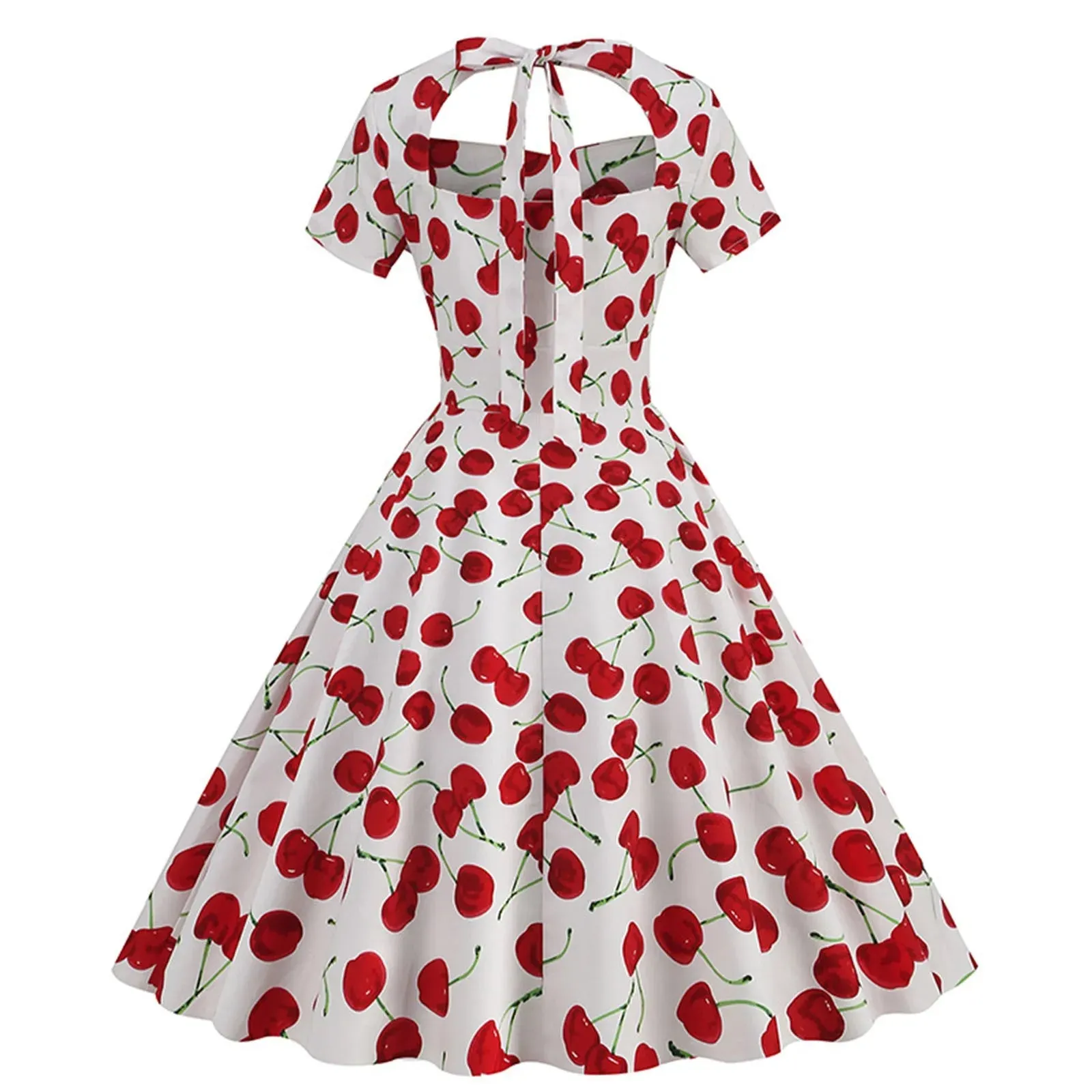 Sweetheart Neck High Waist Cherry Vintage 50s Midi Short Sleeve Backless Tie Back Rockabilly Party Swing Dress