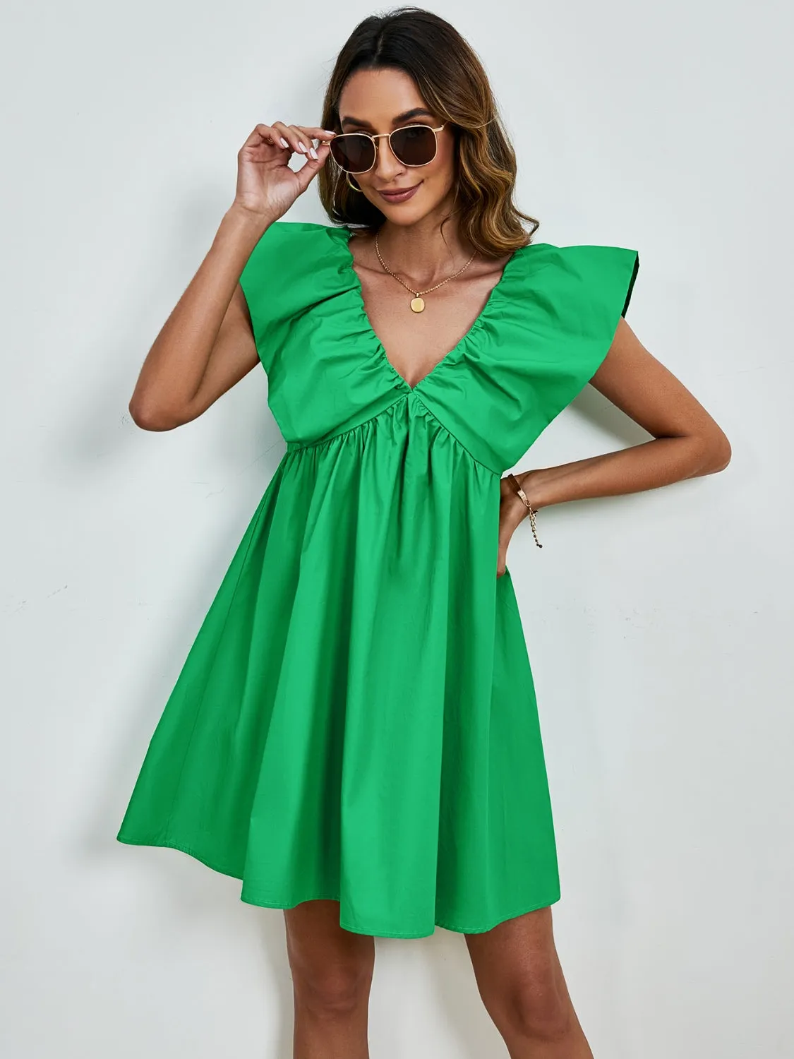 V-Neck Cap Sleeve Mini Dress