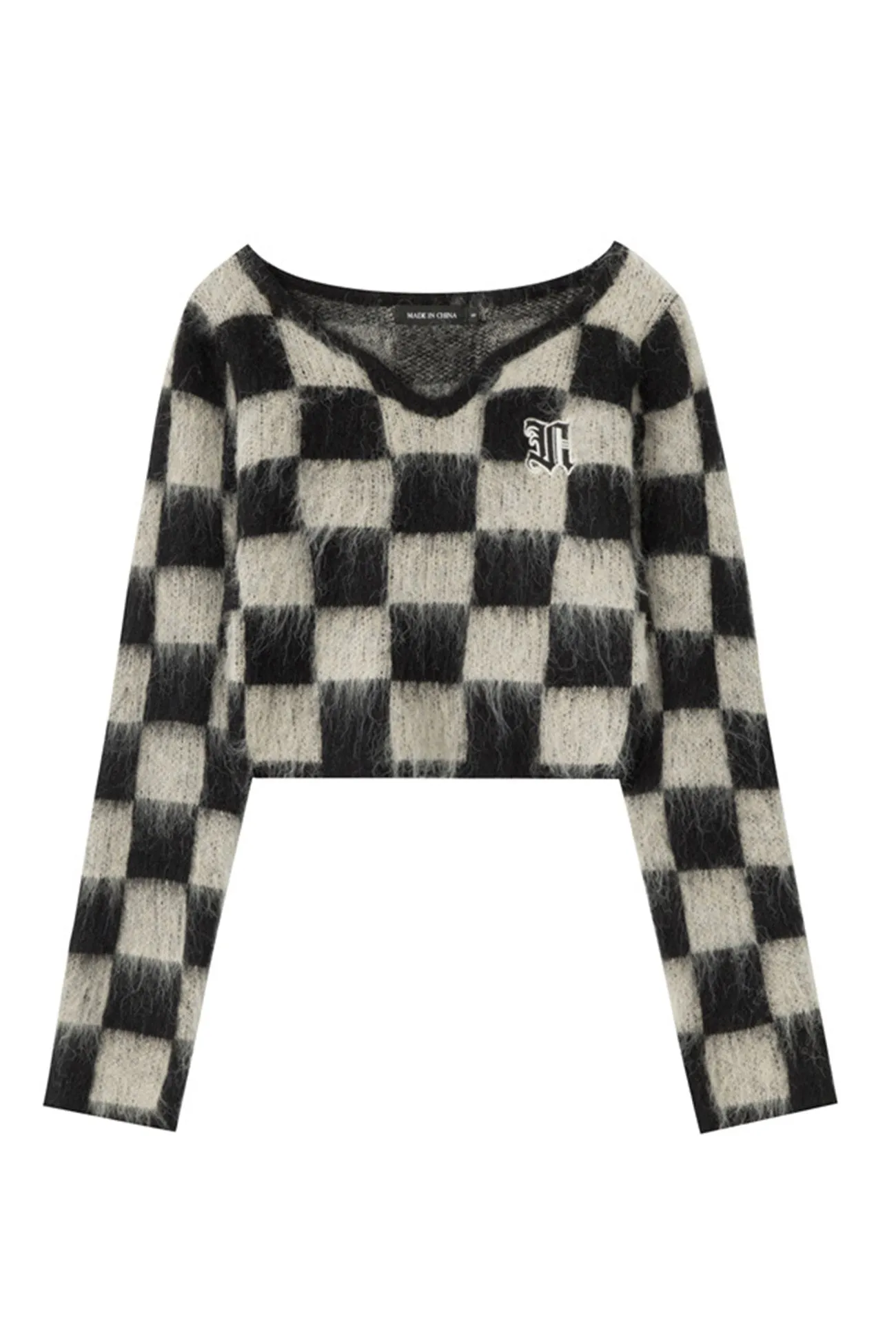 V Neck Mohair Checkerboard Sweater