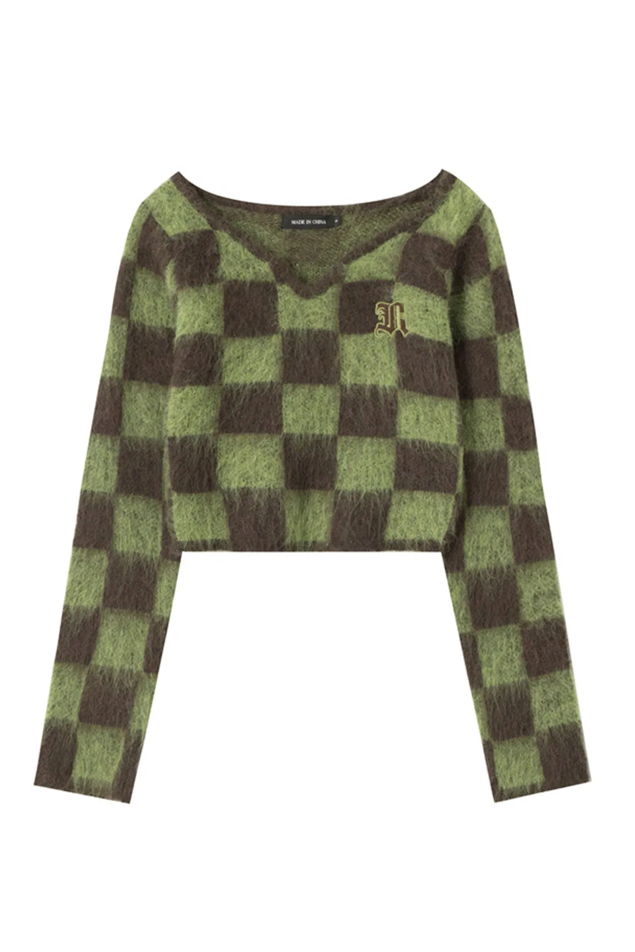 V Neck Mohair Checkerboard Sweater