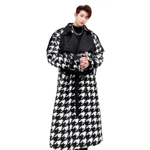 Vintage Houndstooth Print Patch Trench Coat