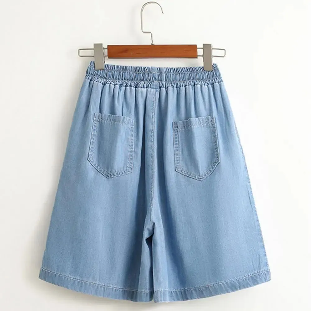 Women Shorts Drawstring Wide Leg Shorts High Waist Elastic Waistband Pockets Solid Knee-Length Trousers Loose Fit Short Pants