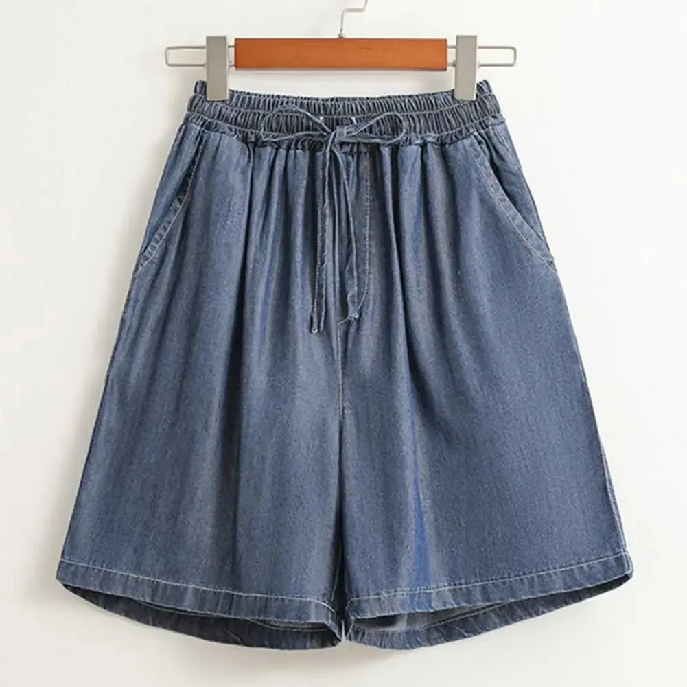 Women Shorts Drawstring Wide Leg Shorts High Waist Elastic Waistband Pockets Solid Knee-Length Trousers Loose Fit Short Pants