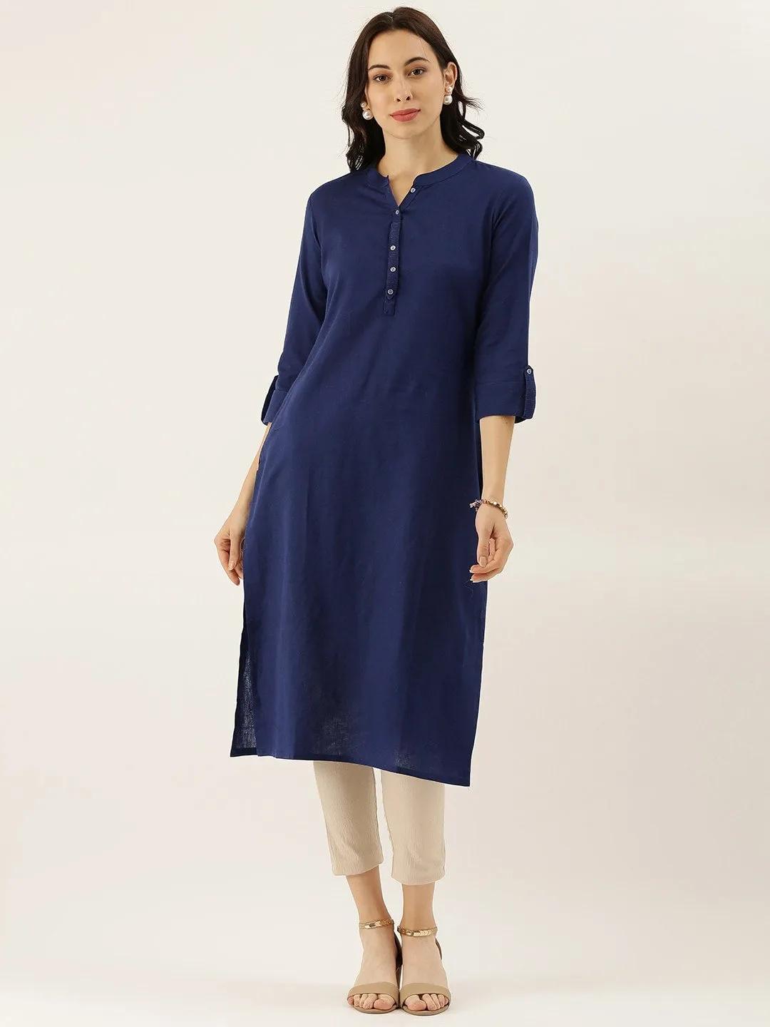 Women'S Blue Solid Straight Roll Up Sleeve Kurti