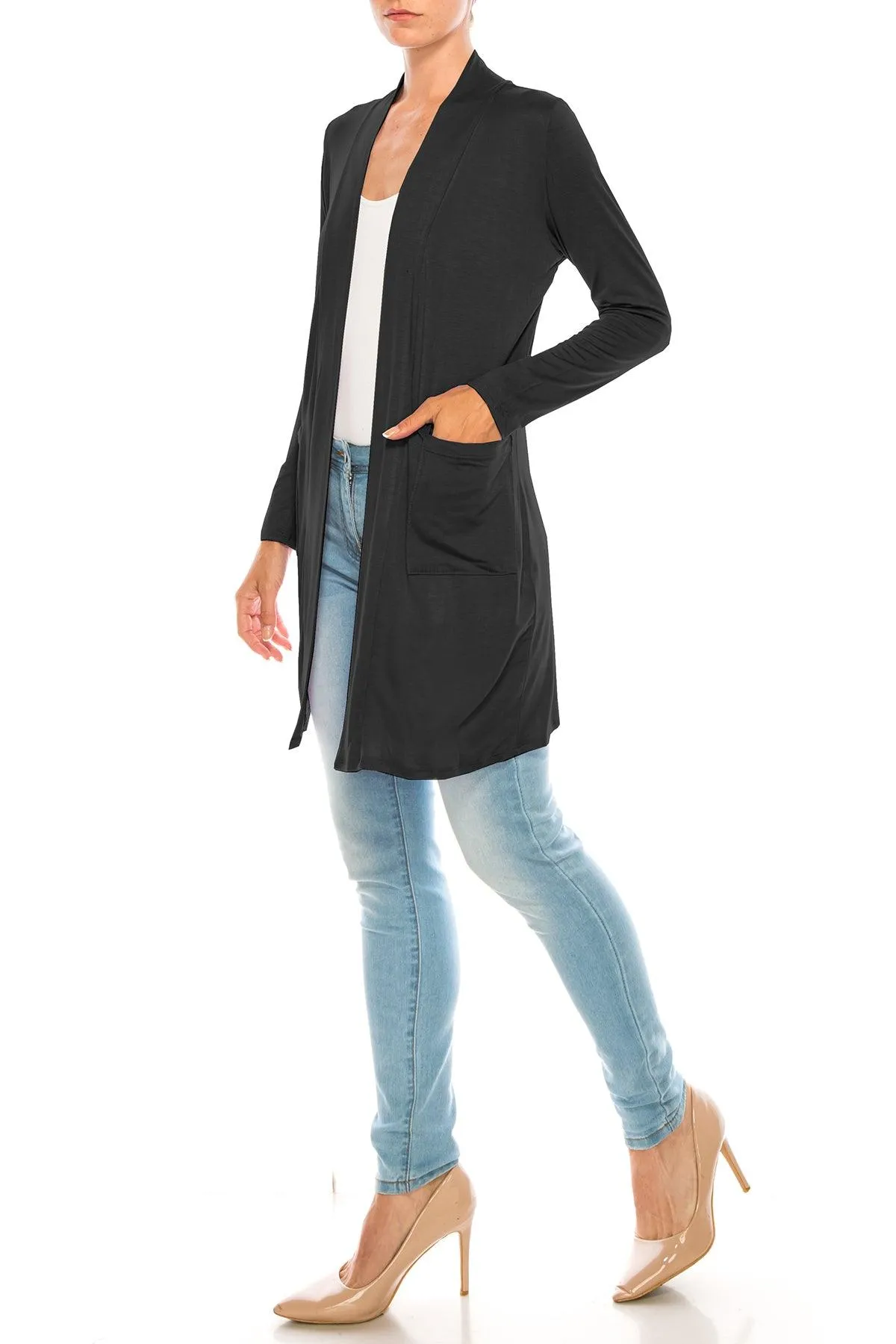 Women's Casual Open Front Basic Long Sleeves Loose Fit Side Pockets Solid Cardigan