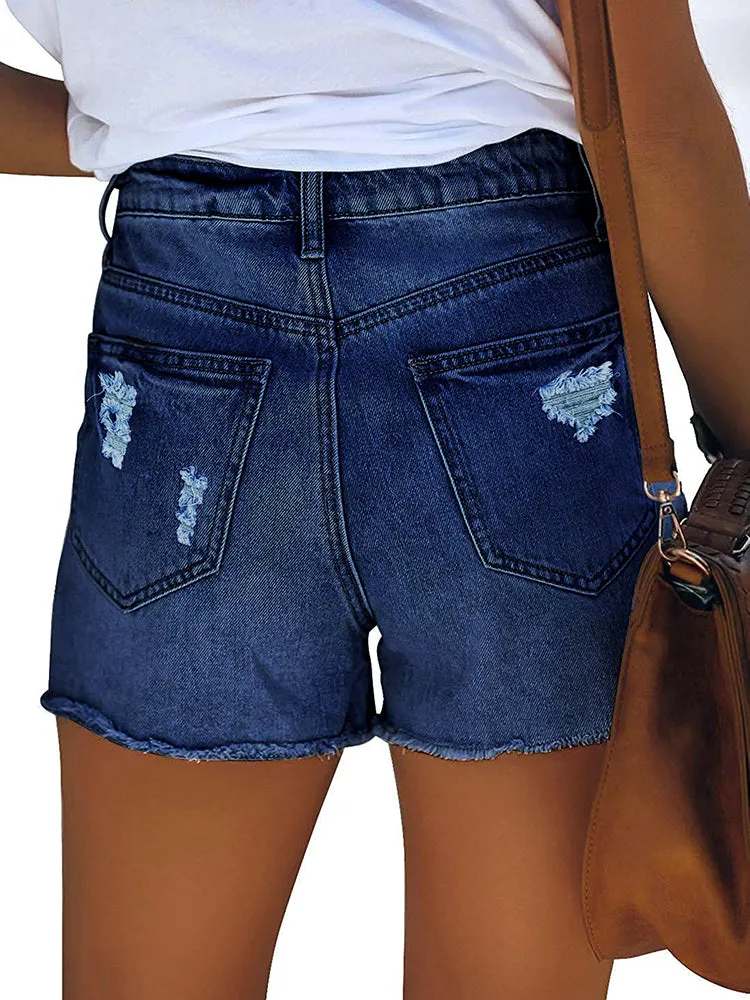 Women's High Rise Denim Shorts Casual Ripped Frayed Distressed Jeans Shorts with Pockets