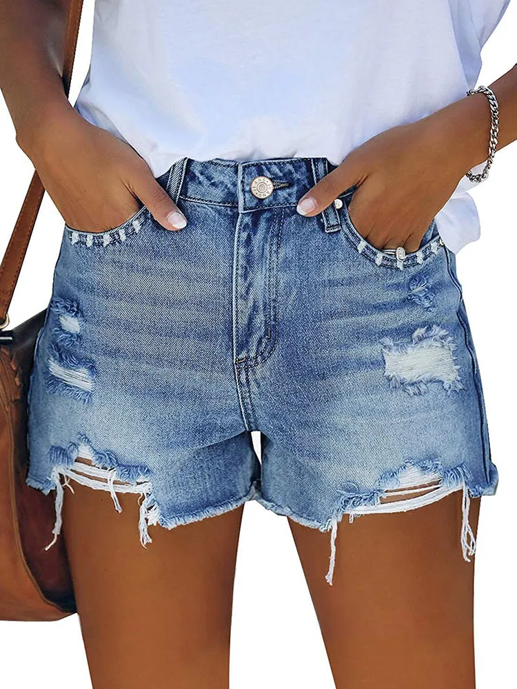 Women's High Rise Denim Shorts Casual Ripped Frayed Distressed Jeans Shorts with Pockets