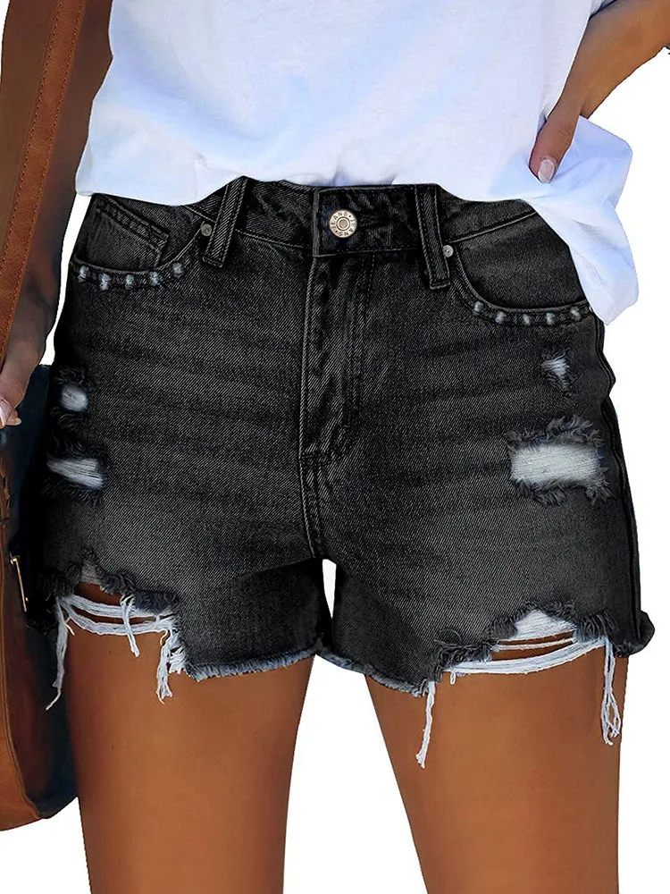 Women's High Rise Denim Shorts Casual Ripped Frayed Distressed Jeans Shorts with Pockets