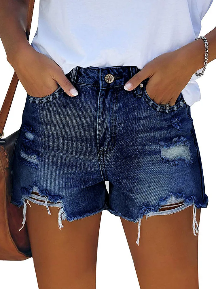 Women's High Rise Denim Shorts Casual Ripped Frayed Distressed Jeans Shorts with Pockets